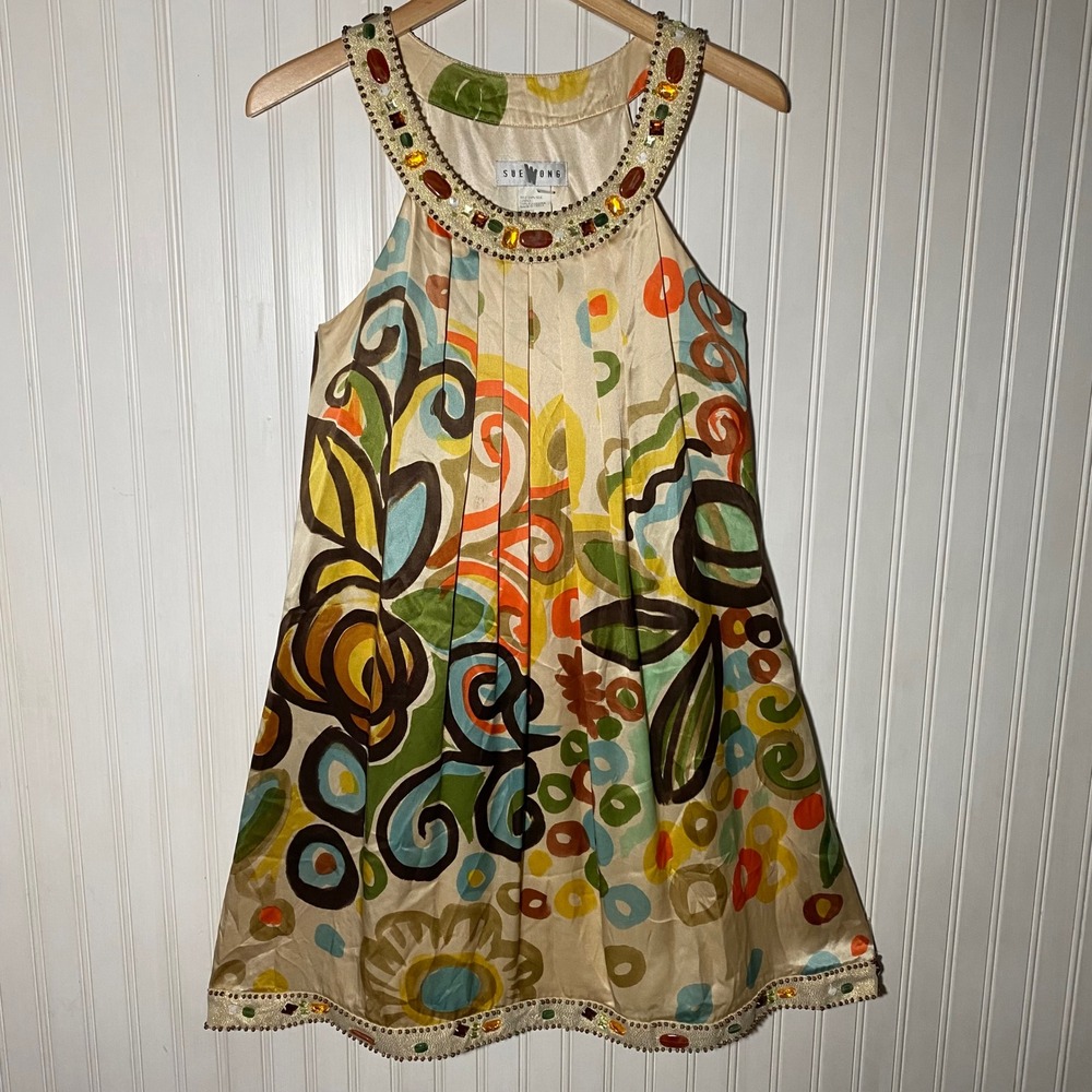 VTG Sue Wong Eclectic Multicolor 100 Silk Beaded Gemstone Pleated Shift Dress -8